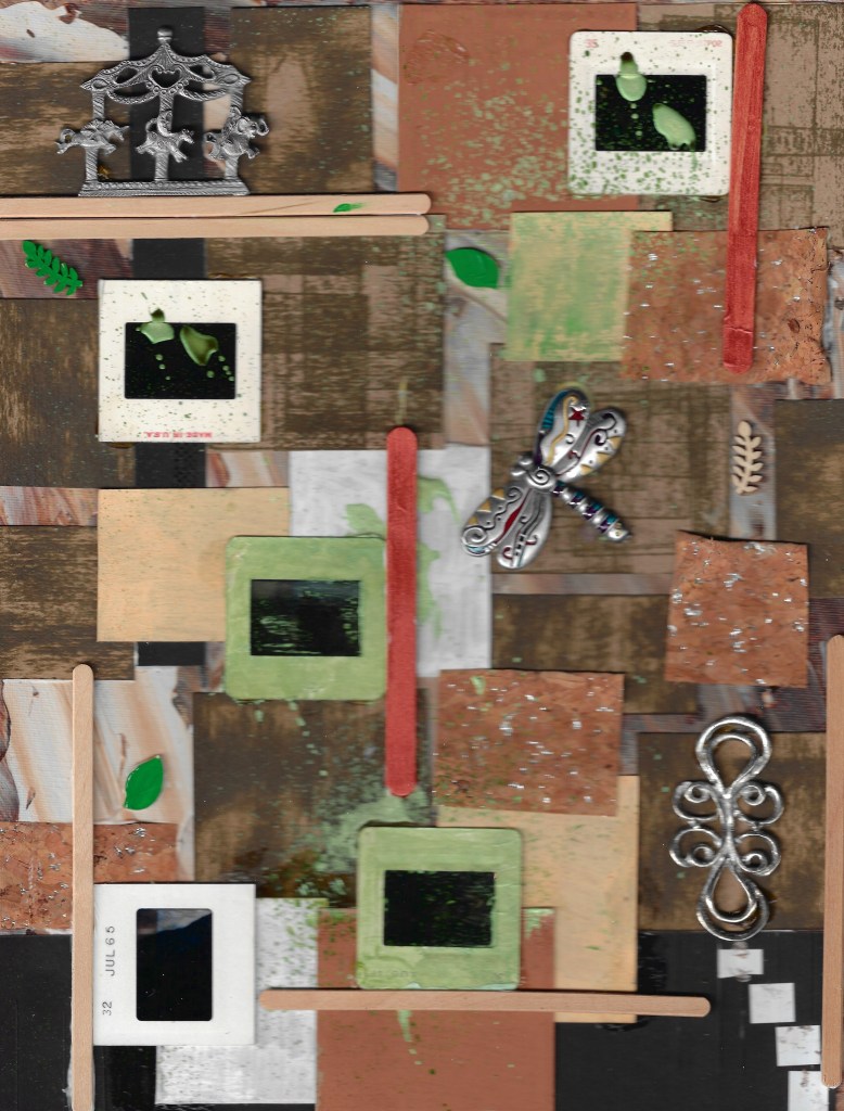 A collage features a mix of earthy tones with metallic elements, including a dragonfly and abstract shapes. Several popsicle sticks intersect various textured materials and small embellishments like leaves and a carousel.

11" x 14" mixed media on canvas board